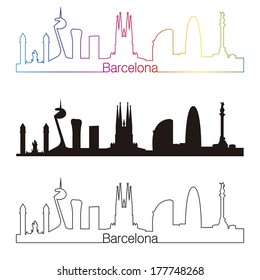 Barcelona skyline linear style with rainbow in editable vector file