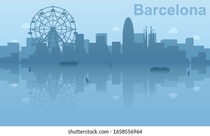 Barcelona skyline with sailboats and cruise ships around vector silhouette.