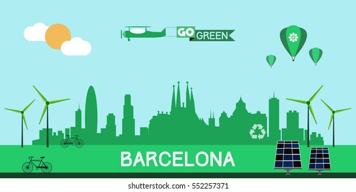 Barcelona skyline silhouette flat design vector, green city concept