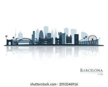 Barcelona skyline silhouette with reflection. Landscape Barcelona, Spain. Vector illustration.