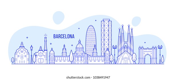 Barcelona skyline, Spain. This illustration represents the city with its most notable buildings. Vector is fully editable, every object is holistic and movable