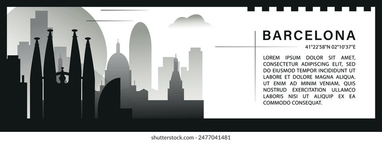 Barcelona skyline vector banner, black and white minimalistic cityscape silhouette. Spain Catalonia city horizontal graphic, travel infographic, monochrome layout for website