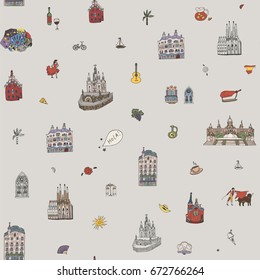 Barcelona Spain city doodle objects cartoon vector seamless pattern