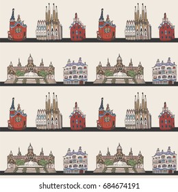 Barcelona Spain city doodle objects cartoon vector city seamless pattern