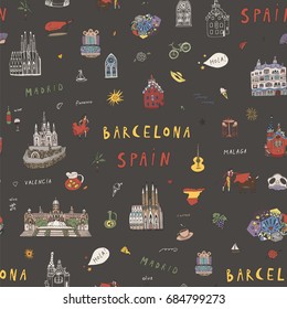 Barcelona Spain city doodle objects cartoon vector city seamless pattern