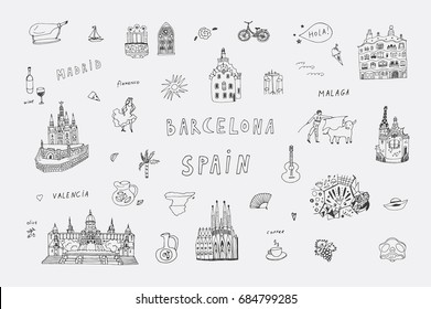 Barcelona Spain city doodle objects cartoon vector city illustrations set