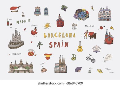 Barcelona Spain city doodle objects cartoon vector city illustrations set