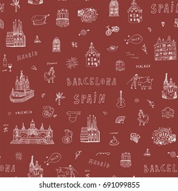 Barcelona Spain city doodle objects cartoon vector city seamless pattern