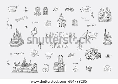 Barcelona Spain city doodle objects cartoon vector city illustrations set