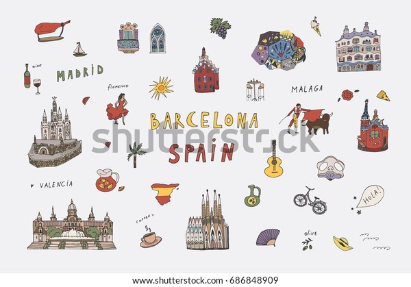 Image Vectorielle De Stock De Barcelone Espagne Doodle Objets Dessin Vectoriel 686848909