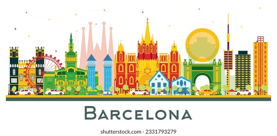 Barcelona España City Skyline con edificios de color aislados en blanco. Ilustración vectorial. Concepto de viajes de negocios y turismo con edificios históricos. El paisaje urbano de Barcelona con monumentos.