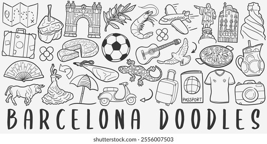 Barcelona Spain doodle icon set. Travel Vector illustration collection. Banner Hand drawn Line art style.	