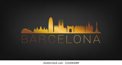 Barcelona, Spain Gold Skyline City Silhouette Vector. Golden Design Luxury Style Icon Symbols. Travel and Tourism Famous Buildings.