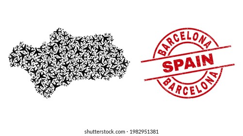 Barcelona Spain grunge seal, and Andalusia Province map collage of aeroplane items. Collage Andalusia Province map designed using air planes. Red seal with Barcelona Spain tag,