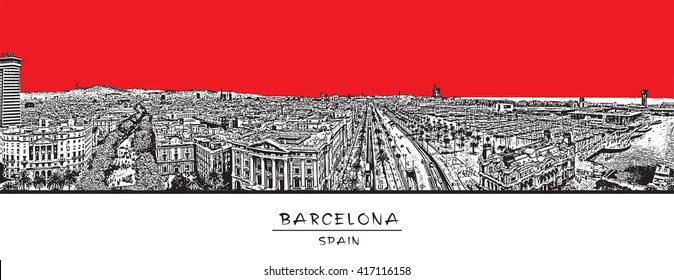 Barcelona, Spain. Horizontal panorama with the Rambla street. Monochrome vector image.