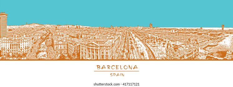 Barcelona, Spain. Horizontal panorama with the Rambla street. Orange and turquoise vector image in engraving style.