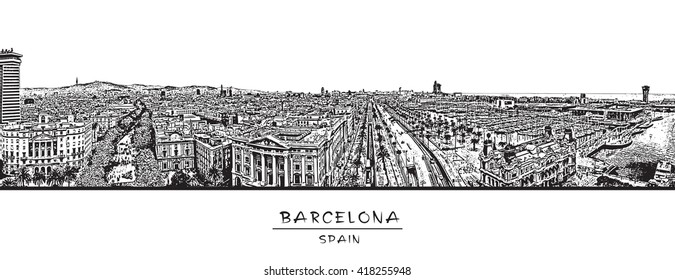 Barcelona, Spain. Horizontal panorama with the Rambla street. Black and white vector illustration.
EPS 10. Easy editable image. Result of Auto-Trace.