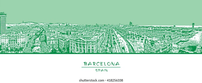 Barcelona, Spain. Horizontal panorama with the Rambla street. Green vector illustration.
EPS 10. Easy editable image. Result of Auto-Trace.