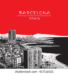 Barcelona, Spain. Panoramic view with the beach. Monochrome vector image in engraving style.