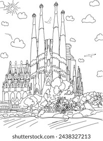 Barcelona, Spain - Sagrada Familia line art drawing for kids and adults coloring book