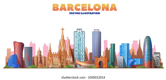 Barcelona ( Spain ) skyline with panorama in white background. Vector Illustration. Business travel and tourism concept with modern buildings. 
Image for presentation, banner, web site.