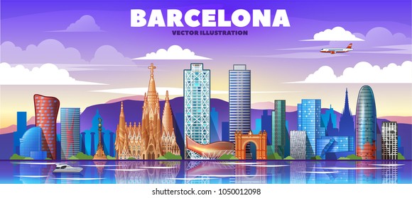 Barcelona ( Spain ) skyline with panorama in white background. Vector Illustration.
 Business travel and tourism concept with modern buildings. 
Image for presentation, banner, web site.