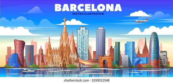 Barcelona ( Spain ) skyline with panorama in white background. Vector Illustration. Business travel and tourism concept with modern buildings. 
Image for presentation, banner, web site.