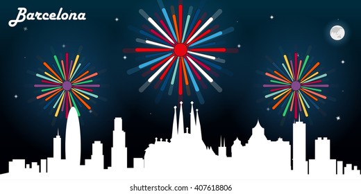 Barcelona Spain skyline silhouette, dark night sky with fireworks vector design