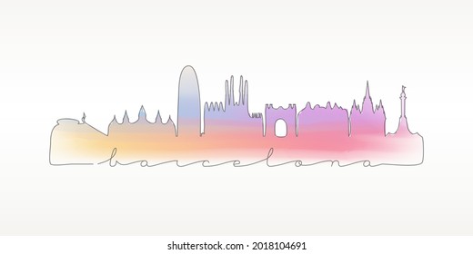 Barcelona, Spain Skyline Watercolor City Illustration. Famous Buildings Silhouette Hand Drawn Doodle Art. Vector Landmark Sketch Drawing.