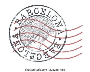 Barcelona, Spanien Stamp Karte Postal. Silhouette Seal Roads und Straßen. Passport Round Design. Vektorsymbol. Design Retro Travel National Symbol.