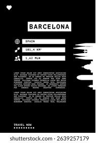 Barcelona, Spain vector infographics, brochure black and white layout. Guide, leaflet, flyer, graphic template with text, information, skyline contour. Page, festival, cover mock up image