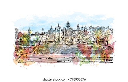 Barcelona, Spain. Watercolor splash with sketch in vector illustration.