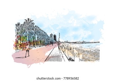 Barcelona, Spain. Watercolor splash with sketch in vector illustration.