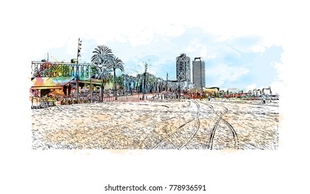 Barcelona, Spain. Watercolor splash with sketch in vector illustration.