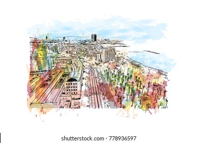 Barcelona, Spain. Watercolor splash with sketch in vector illustration.