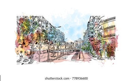 Barcelona, Spain. Watercolor splash with sketch in vector illustration.