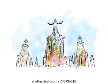 Barcelona, Spain. Watercolor splash with sketch in vector illustration.