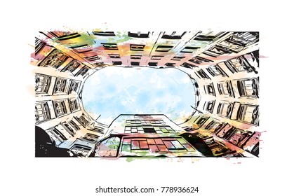 Barcelona, Spain. Watercolor splash with sketch in vector illustration.