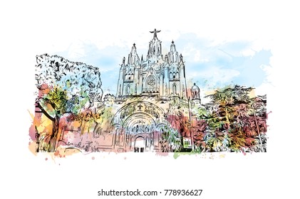 Barcelona, Spain. Watercolor splash with sketch in vector illustration.