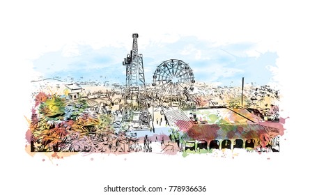 Barcelona, Spain. Watercolor splash with sketch in vector illustration.