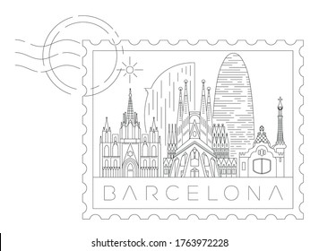 Barcelona stamp, minimal linear vector illustration and typography design, Spain