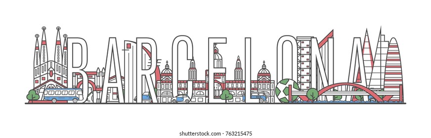 Barcelona travel lettering with famous architectural monuments in linear style. Spanish traveling and time to travel concept. Barcelona city landmarks, european tourism and journey vector background.