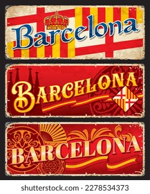 Barcelona travel stickers and plates or Spain city luggage tags, vector tin signs. Spain travel and tourism plates with Spanish flag, landmark of Sagrada Familia and city emblem or coat of arms