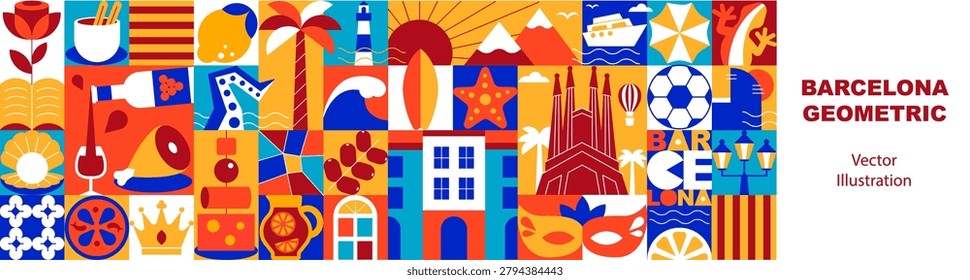 Barcelona Typography Seamless Pattern and Banner with Mediterranean Travel Symbols, Ceramic Tile Ornaments, Catalonia Culture Icons, Vacation and Holiday Elements, Food and Architecture Flat Vector Illustration