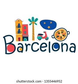 Barcelona vector logo . Print for T-shirt and long sleev. Funny drawn spanish icons. Stylized vector illustration