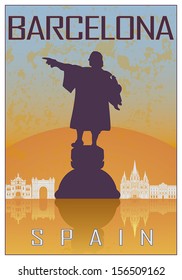 Barcelona vintage poster in orange and blue textured background with skyline in white