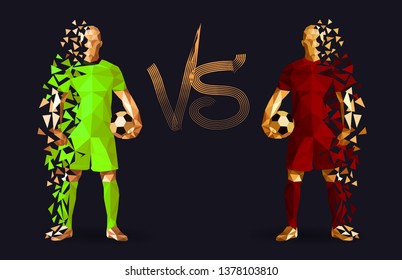 Barcelona vs Liverpool, semi-final, two polygonal football/soccer players on a dark background, holding footballs, versus sign between them, vector illustration