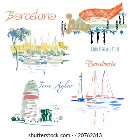 Barcelona-4. Best attractives. Trendy vector illustration. City illustrations