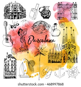 Barcelona.Hand drawing vector set of Barcelona. Watercolor texture