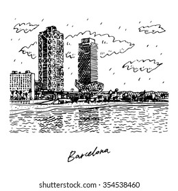 Barceloneta Beach in Barcelona, Catalonia, Spain. Vector freehand pencil sketch.